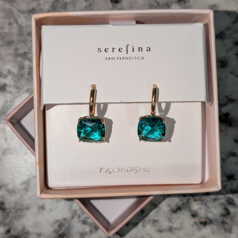 Serefina Golden Brass and Teal Stone Earrings - Picture 2 of 4